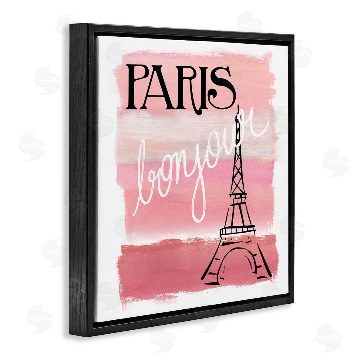 Nan Paris Bonjour French Eiffel Tower Abstract Pink Stripes Black Floating Frame Canvas Wall Art Print