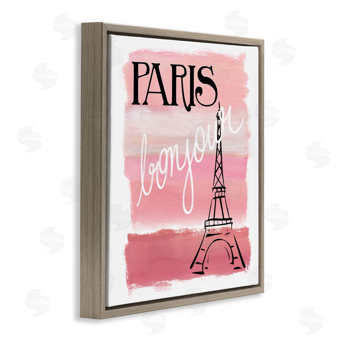 Nan Paris Bonjour French Eiffel Tower Abstract Pink Stripes Brown Floating Frame Canvas Wall Art Print
