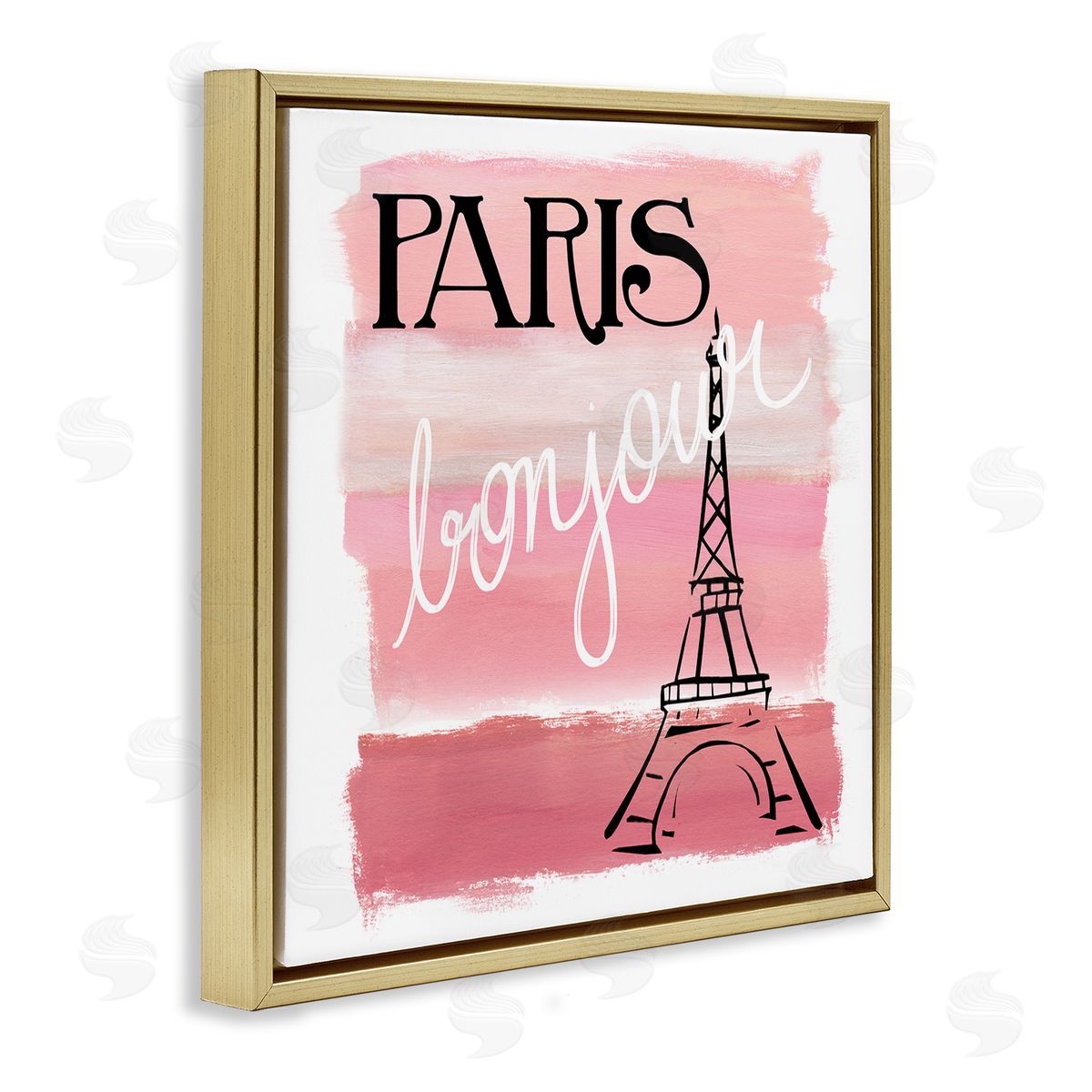 Nan Paris Bonjour French Eiffel Tower Abstract Pink Stripes Gold Floating Frame Canvas Wall Art Print