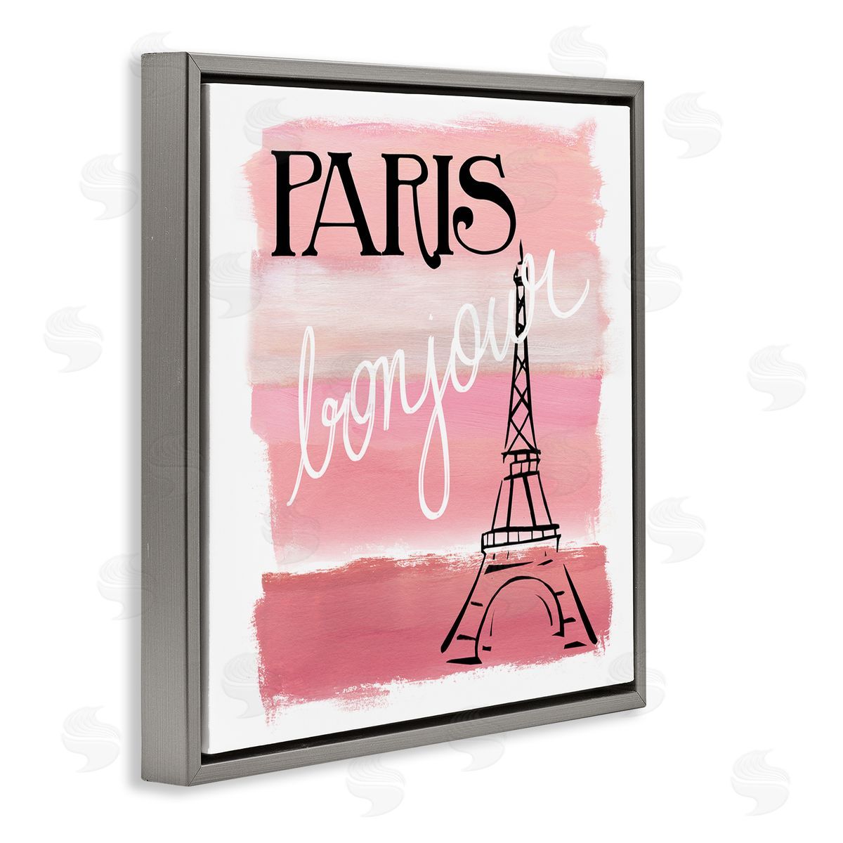 Nan Paris Bonjour French Eiffel Tower Abstract Pink Stripes Gray Floating Frame Canvas Wall Art Print