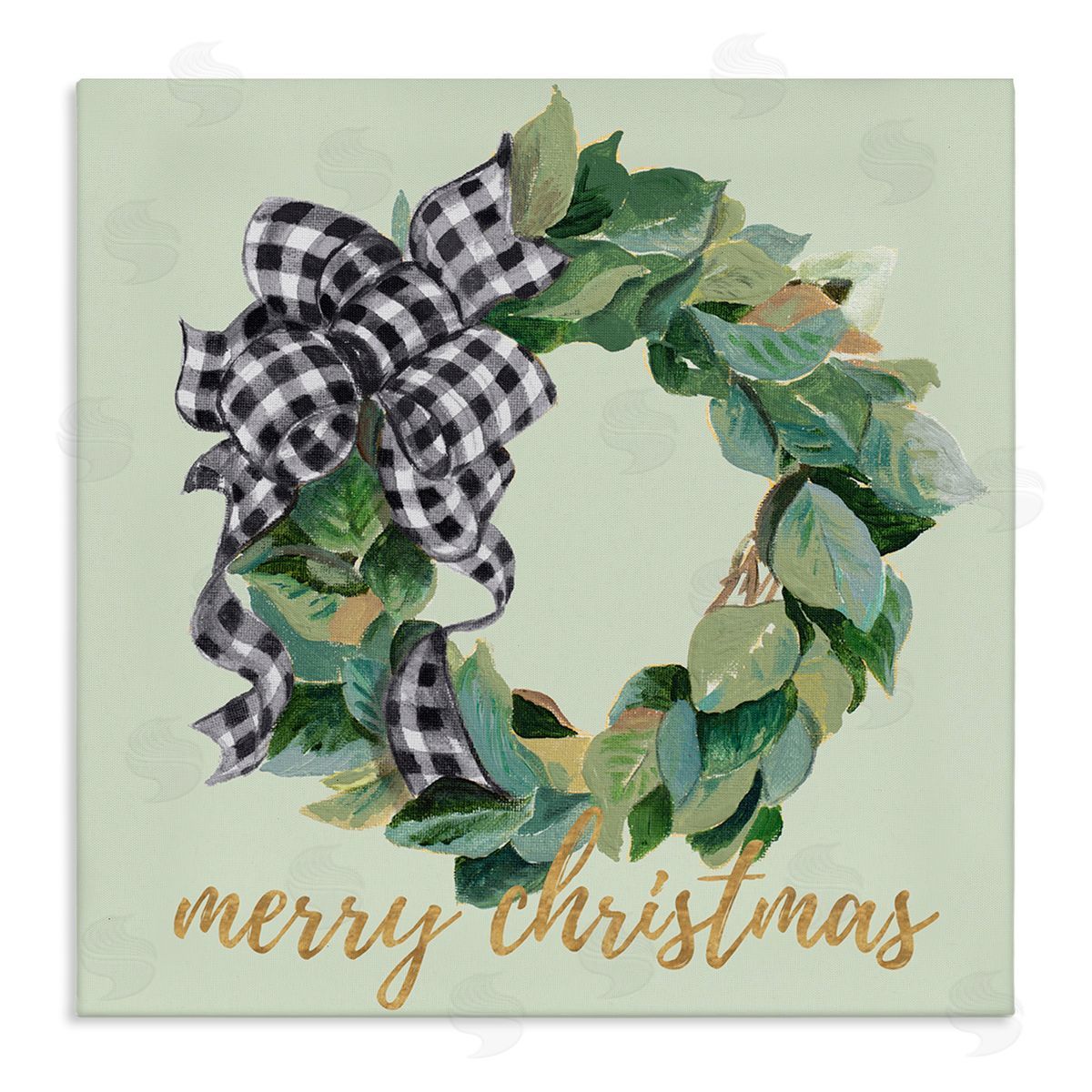 Patricia Pinto Green Leaf Wreath Merry Christmas Phrase Plaid Bow Stretched Canvas Wall Art Print