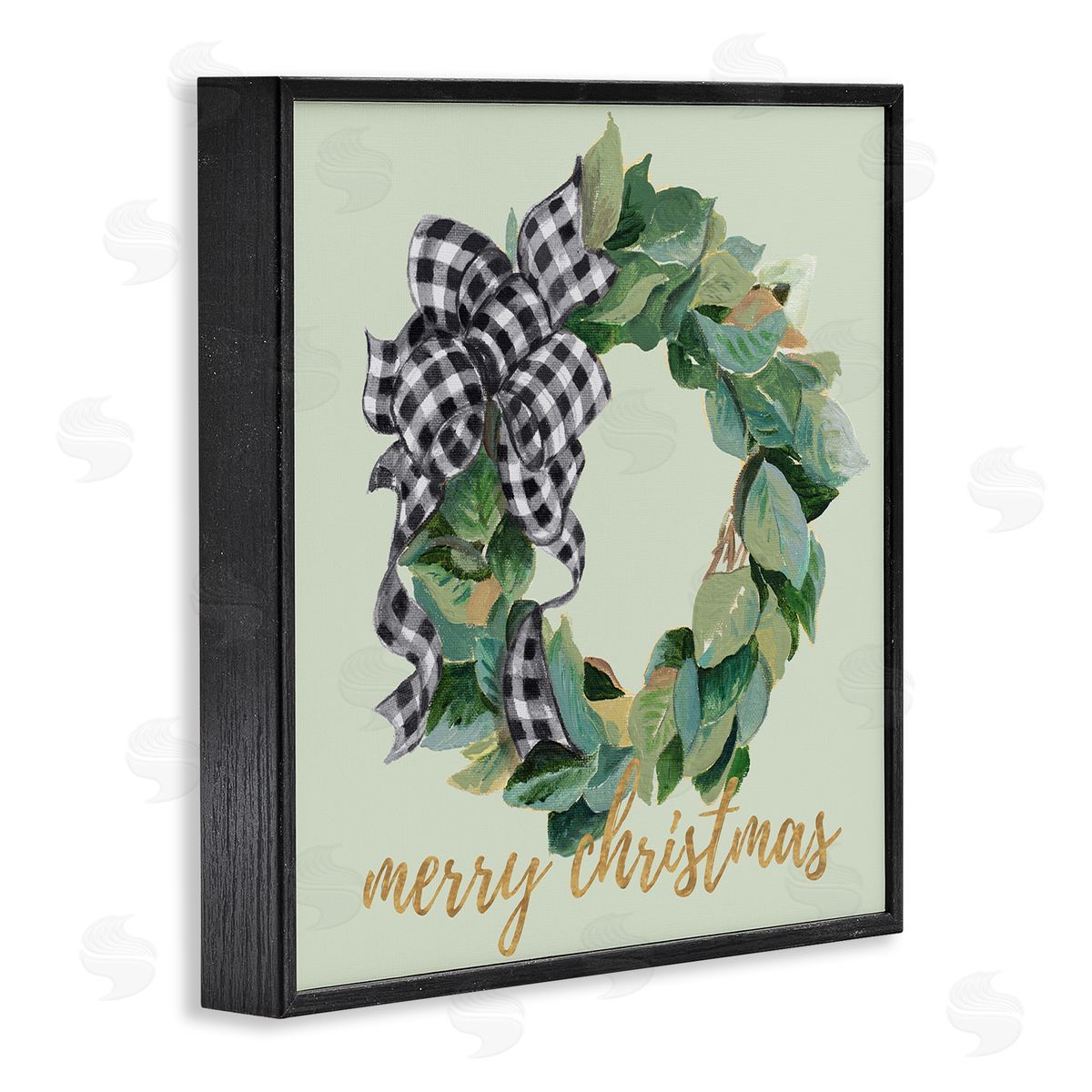 Patricia Pinto Green Leaf Wreath Merry Christmas Phrase Plaid Bow Black Framed Glicee Wall Art Print