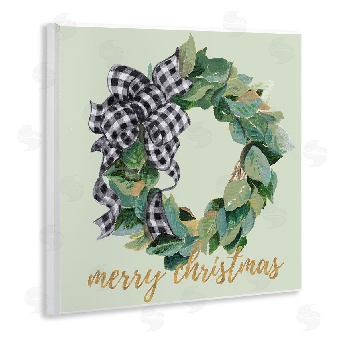 Patricia Pinto Green Leaf Wreath Merry Christmas Phrase Plaid Bow Wooden Wall Plaque Art Print