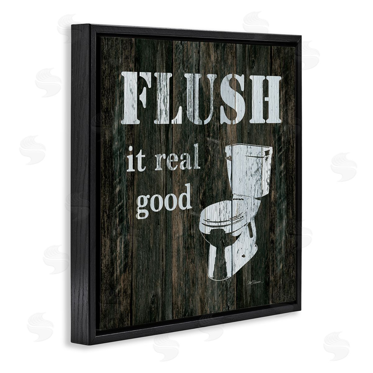 Carol Robinson Flush It Real Good Phrase Vintage Rustic Toilet Black Floating Frame Canvas Wall Art Print