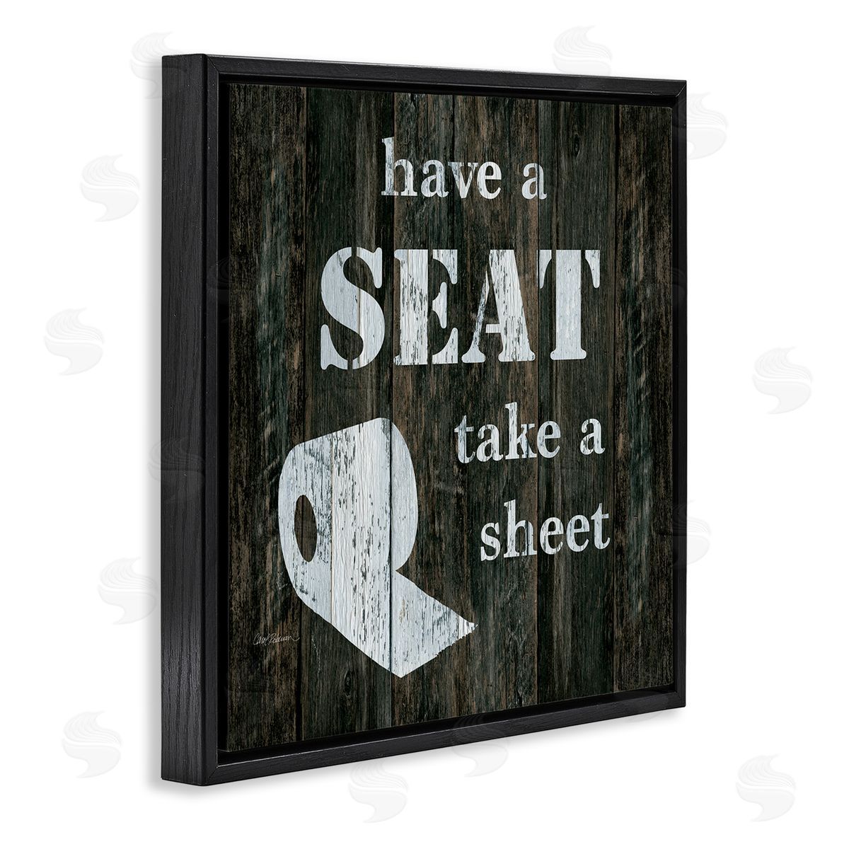 Carol Robinson Have a Seat Take A Sheet Rustic Bathroom Black Floating Frame Canvas Wall Art Print