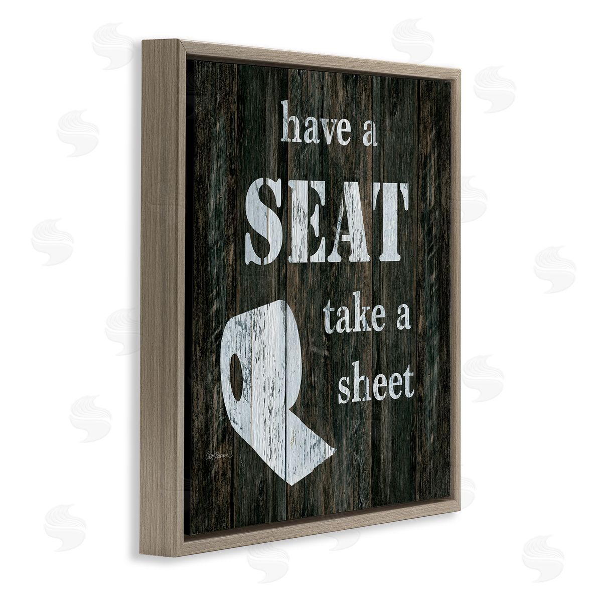 Carol Robinson Have a Seat Take A Sheet Rustic Bathroom Brown Floating Frame Canvas Wall Art Print