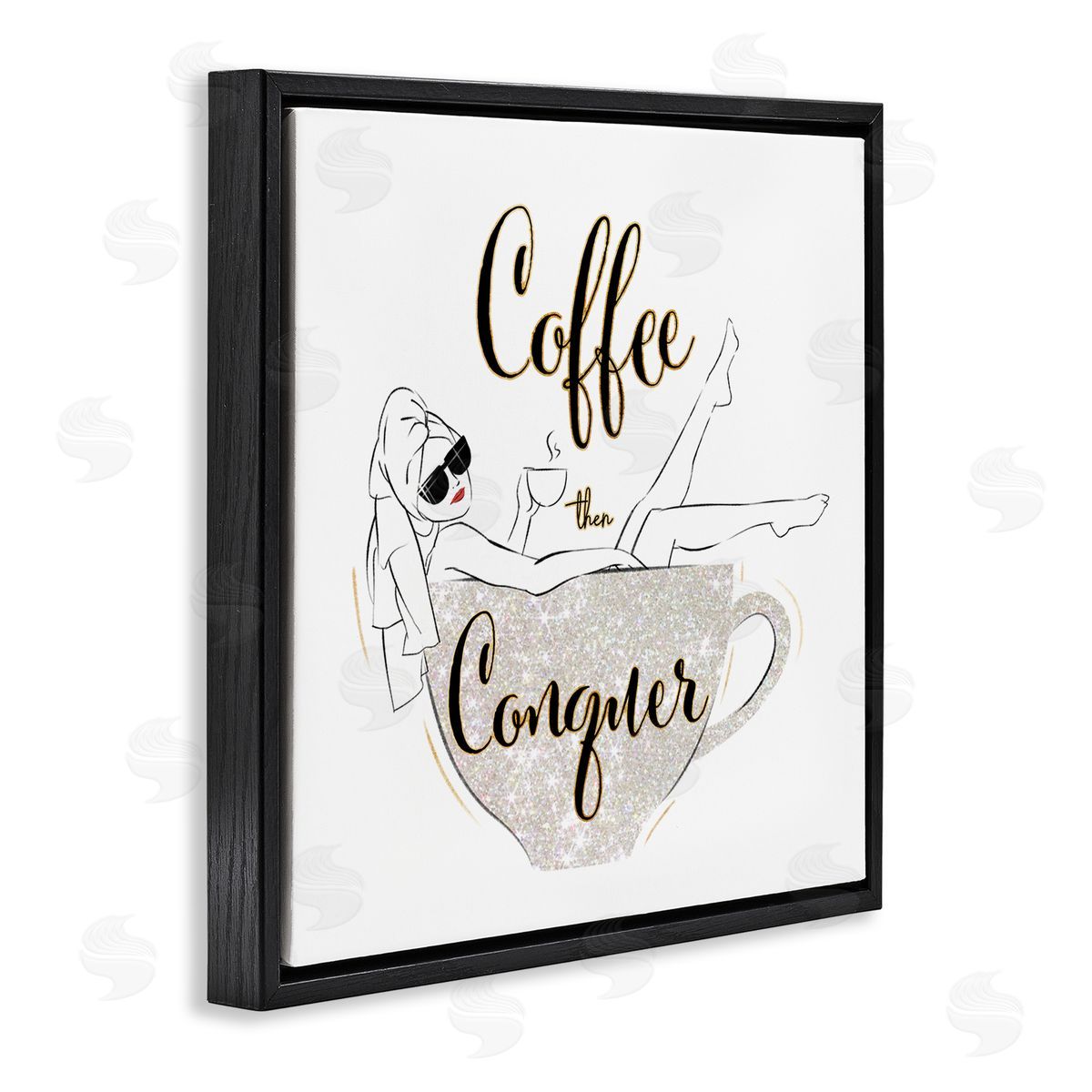 Ziwei Li Coffee Then Conquer Phrase Glam Fashion Female Mug Black Floating Frame Canvas Wall Art Print