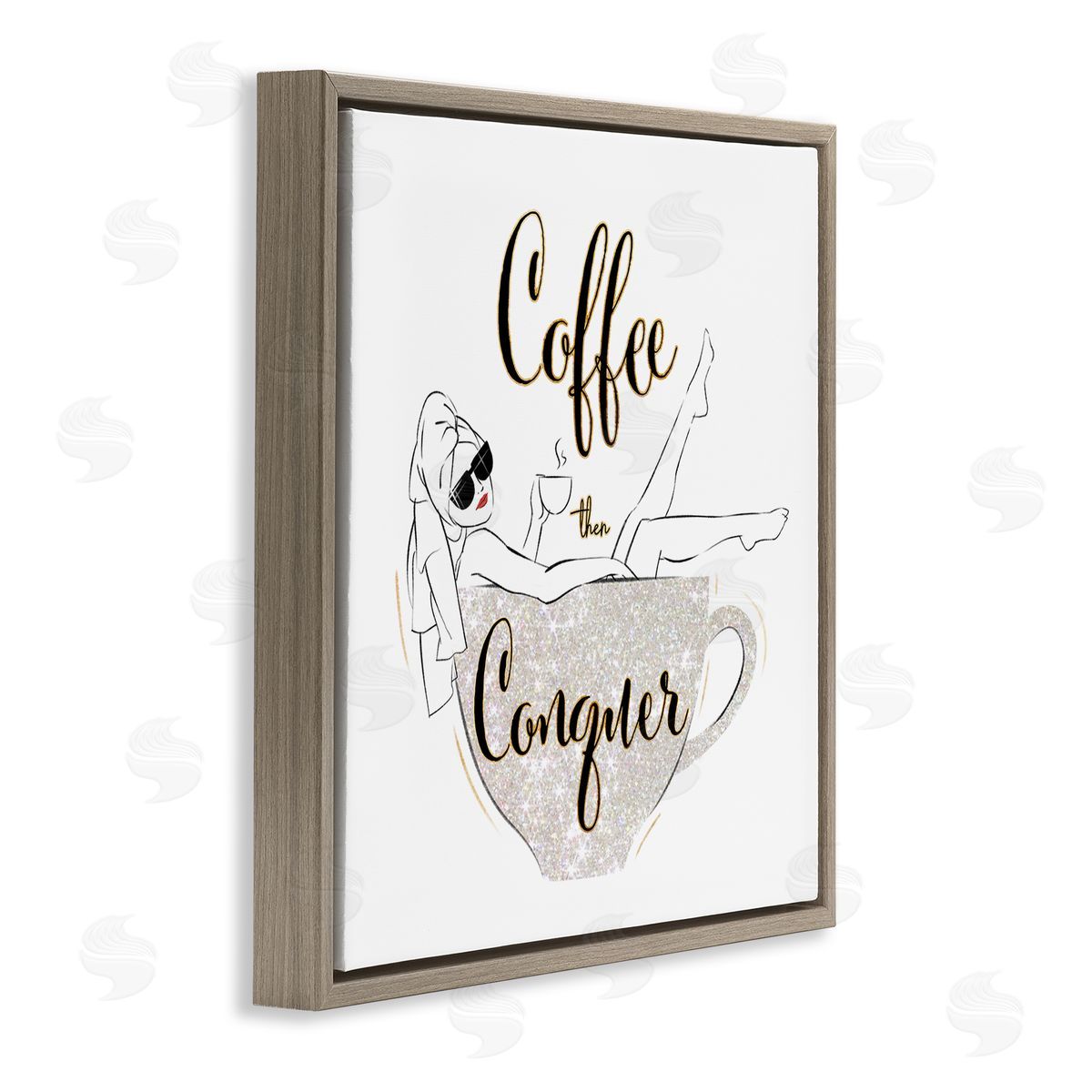 Ziwei Li Coffee Then Conquer Phrase Glam Fashion Female Mug Brown Floating Frame Canvas Wall Art Print