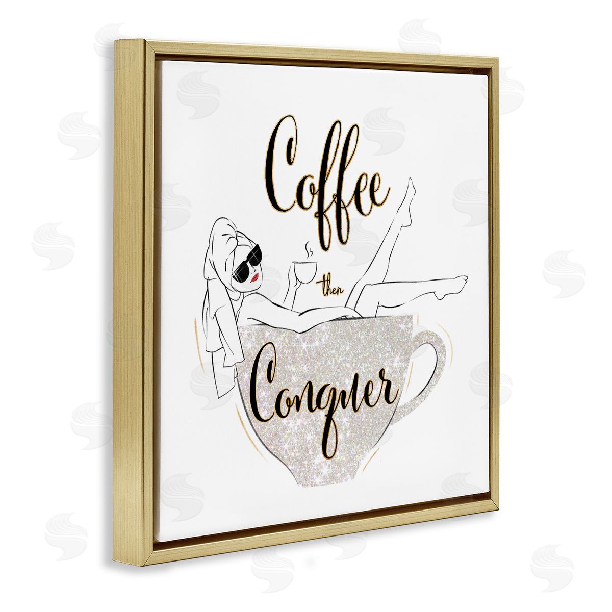 Ziwei Li Coffee Then Conquer Phrase Glam Fashion Female Mug Gold Floating Frame Canvas Wall Art Print