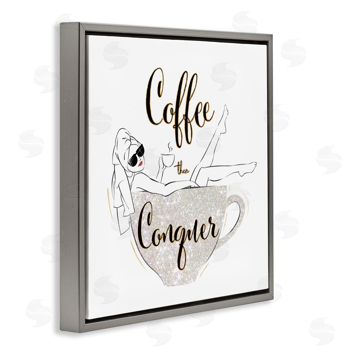 Ziwei Li Coffee Then Conquer Phrase Glam Fashion Female Mug Gray Floating Frame Canvas Wall Art Print
