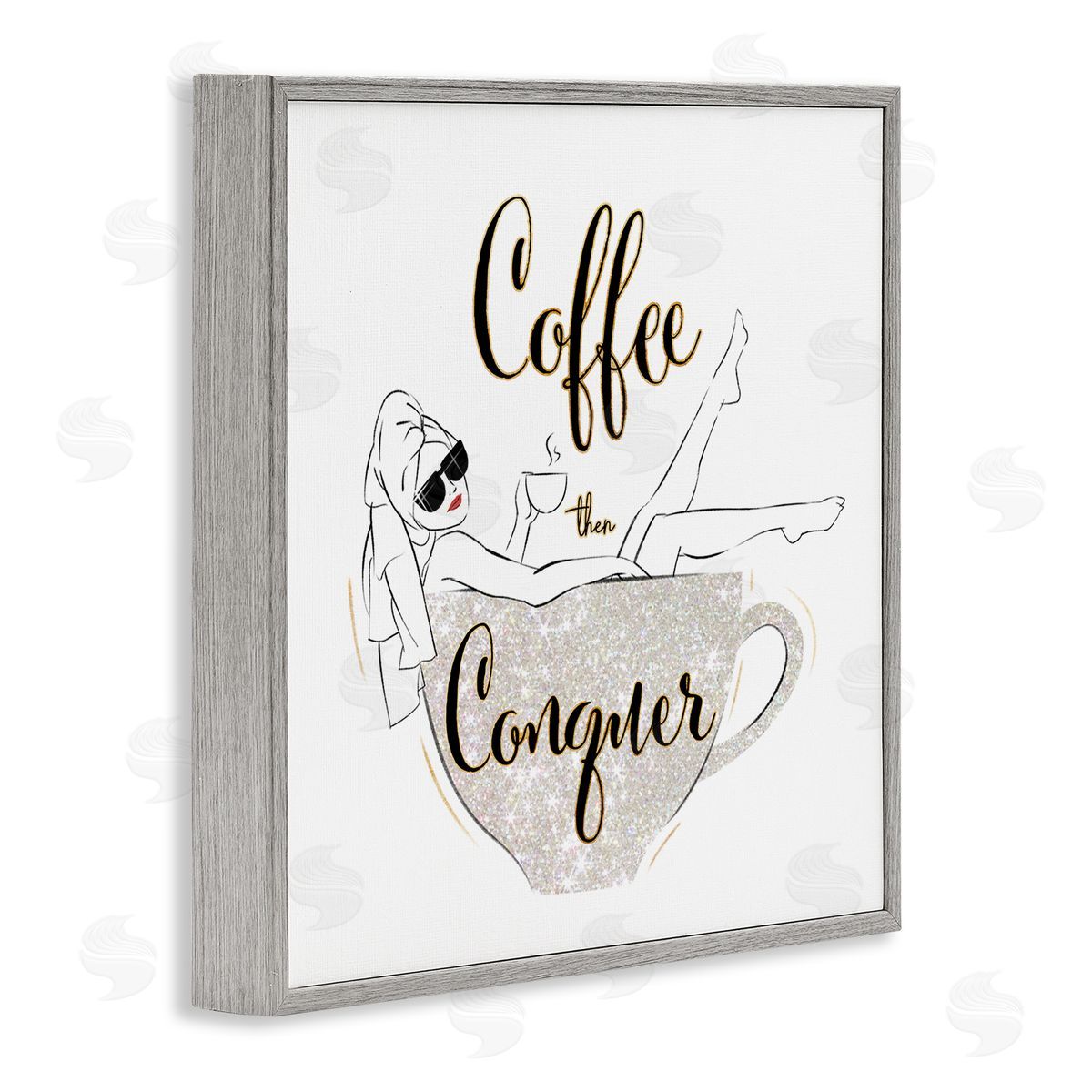 Ziwei Li Coffee Then Conquer Phrase Glam Fashion Female Mug Gray Framed Glicee Wall Art Print