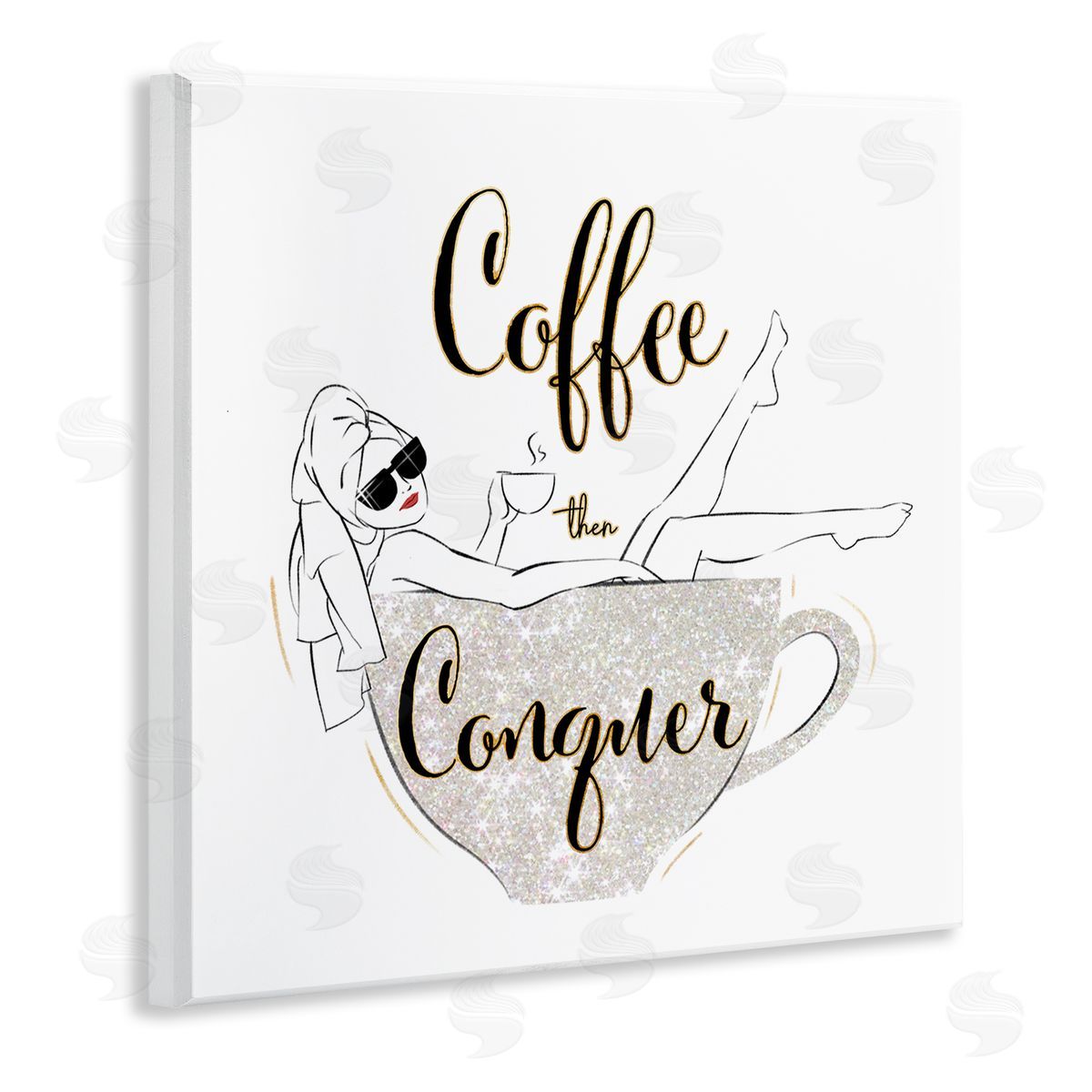 Ziwei Li Coffee Then Conquer Phrase Glam Fashion Female Mug Wooden Wall Plaque Art Print