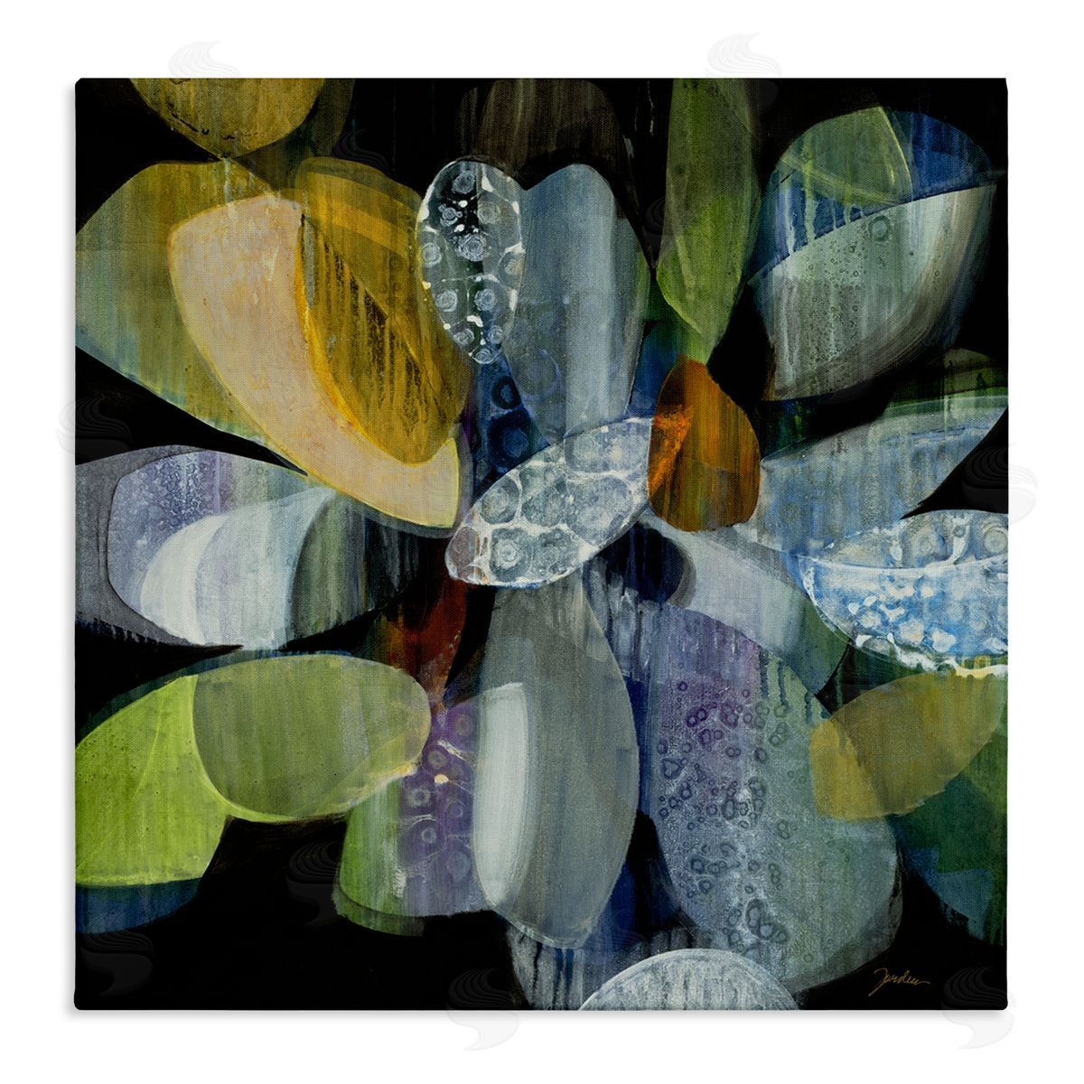 Liz Jardine Modern Patterned Petal Shape Abstraction Dark Tone Painting Stretched Canvas Wall Art Print