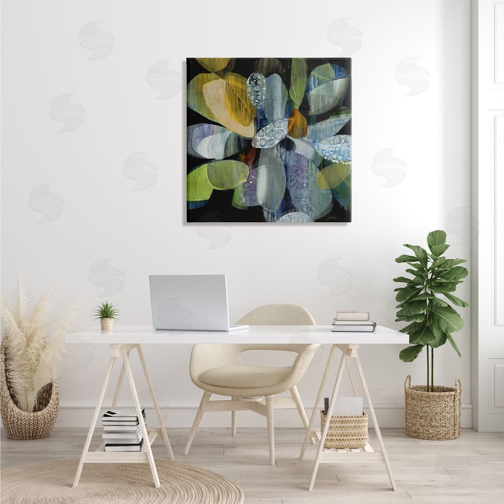 Liz Jardine Modern Patterned Petal Shape Abstraction Dark Tone Painting Canvas Wall Art in Room