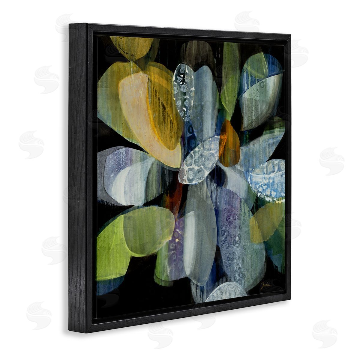 Liz Jardine Modern Patterned Petal Shape Abstraction Dark Tone Painting Black Floating Frame Canvas Wall Art Print