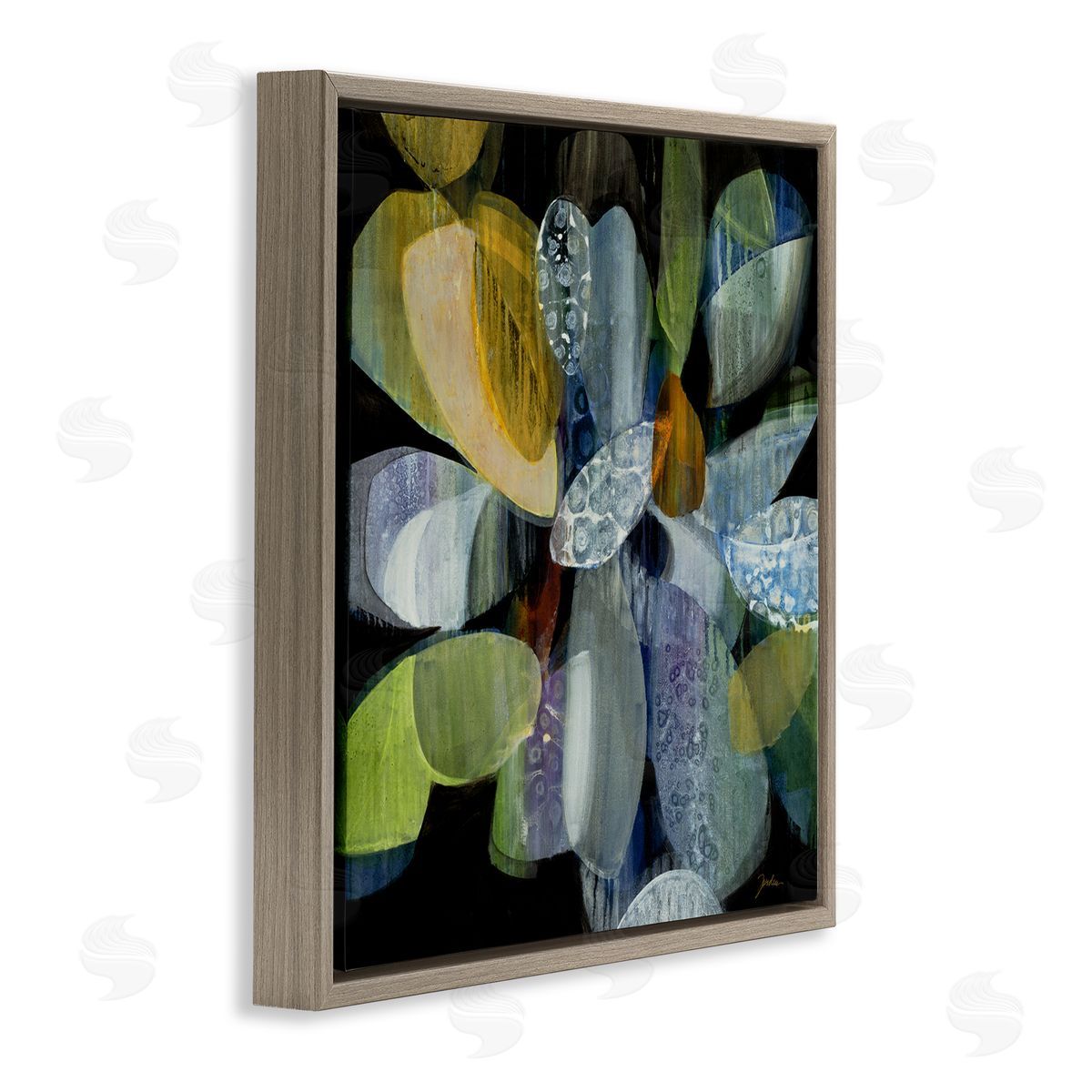 Liz Jardine Modern Patterned Petal Shape Abstraction Dark Tone Painting Brown Floating Frame Canvas Wall Art Print