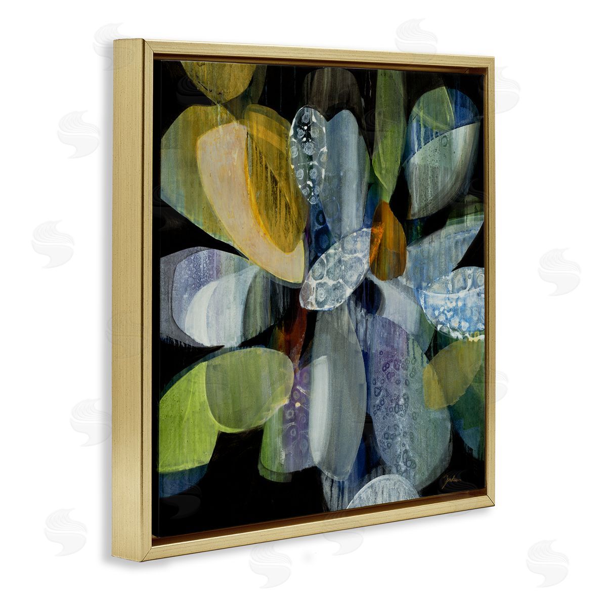 Liz Jardine Modern Patterned Petal Shape Abstraction Dark Tone Painting Gold Floating Frame Canvas Wall Art Print