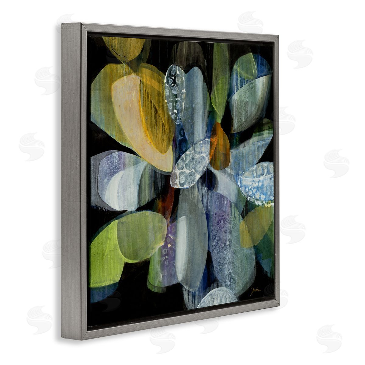 Liz Jardine Modern Patterned Petal Shape Abstraction Dark Tone Painting Gray Floating Frame Canvas Wall Art Print