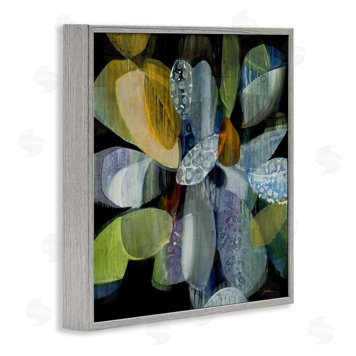 Liz Jardine Modern Patterned Petal Shape Abstraction Dark Tone Painting Gray Framed Glicee Wall Art Print