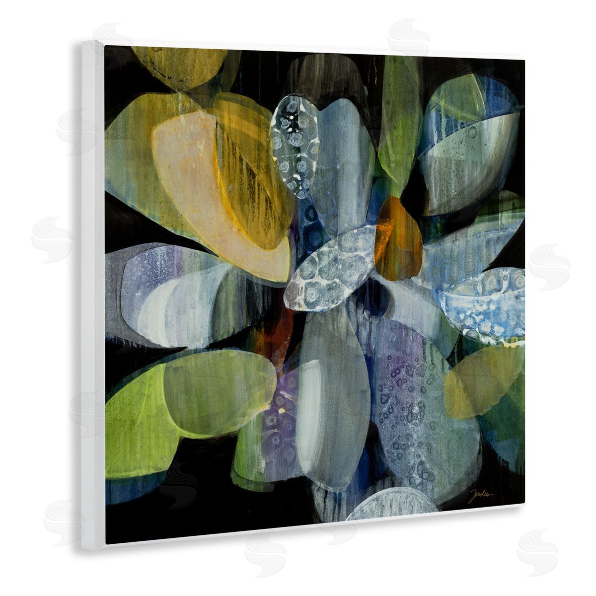 Liz Jardine Modern Patterned Petal Shape Abstraction Dark Tone Painting Wooden Wall Plaque Art Print