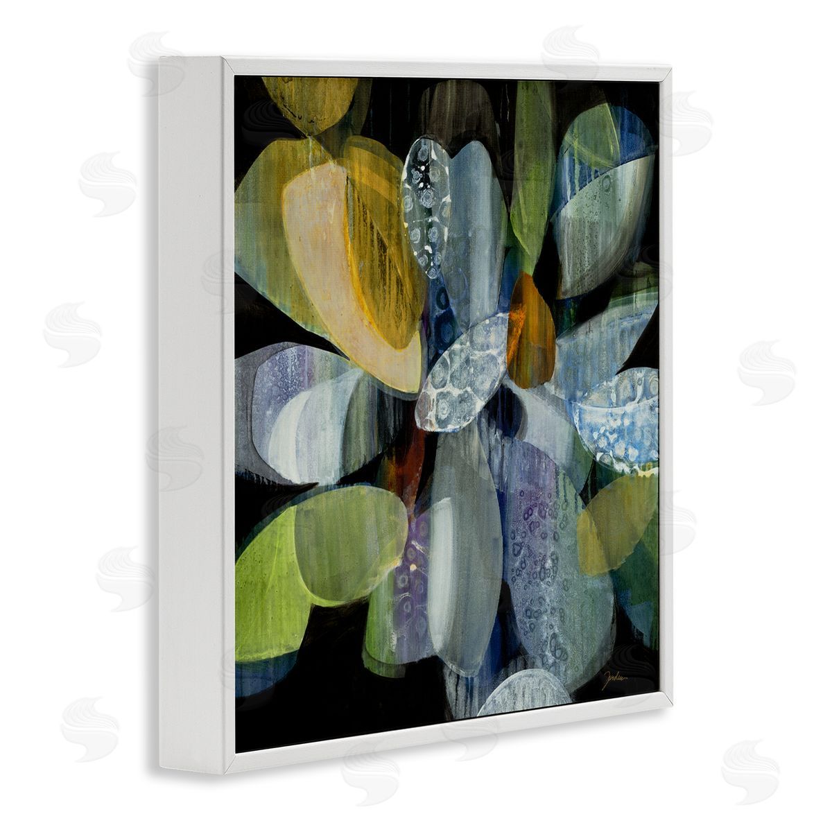 Liz Jardine Modern Patterned Petal Shape Abstraction Dark Tone Painting White Framed Glicee Wall Art Print