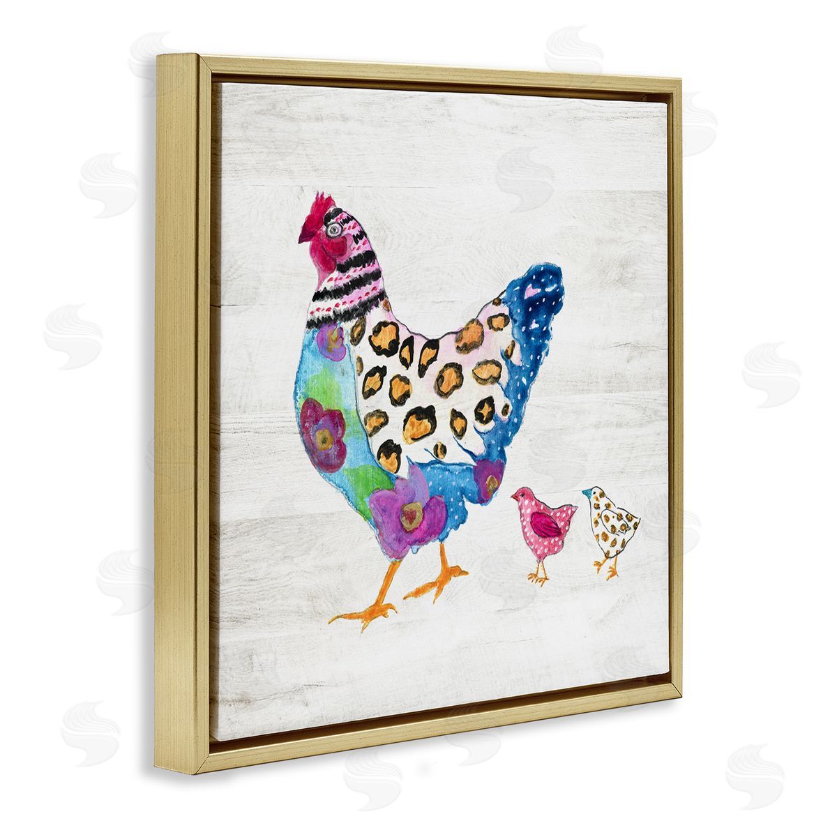 Janet Tava Abstract Chicken Walk Whimsical Patterned Farm Animal Gold Floating Frame Canvas Wall Art Print
