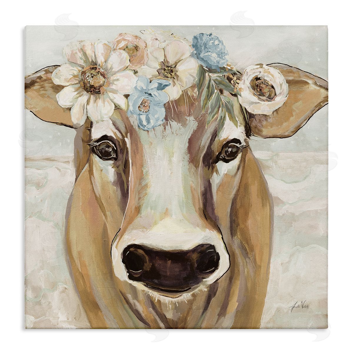 Jeanette Vertentes Big Nose Boho Farm Cow Daisy Flower Crown Stretched Canvas Wall Art Print