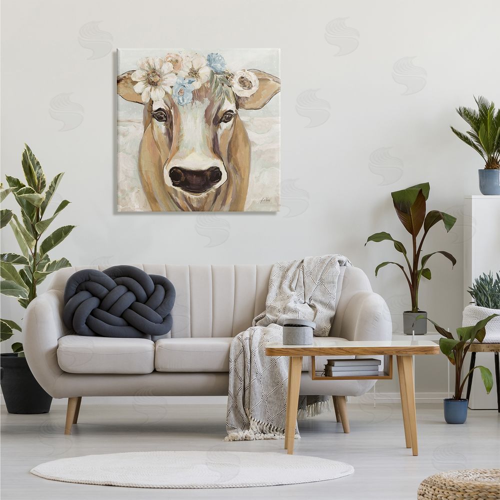 Jeanette Vertentes Big Nose Boho Farm Cow Daisy Flower Crown Canvas Wall Art in Room