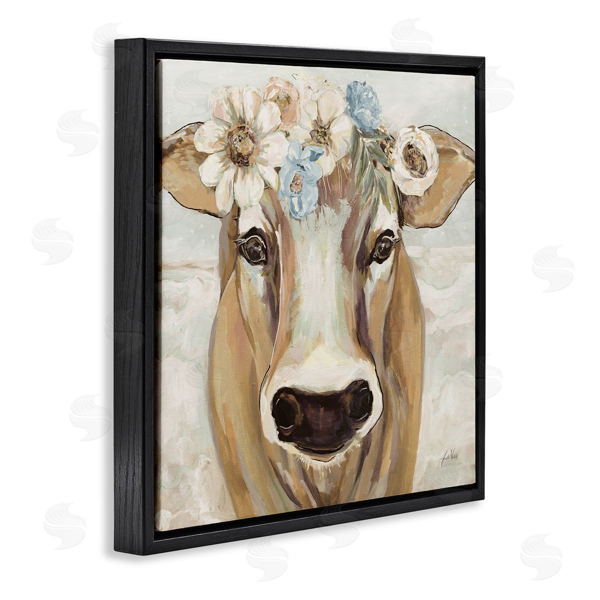 Jeanette Vertentes Big Nose Boho Farm Cow Daisy Flower Crown Black Floating Frame Canvas Wall Art Print