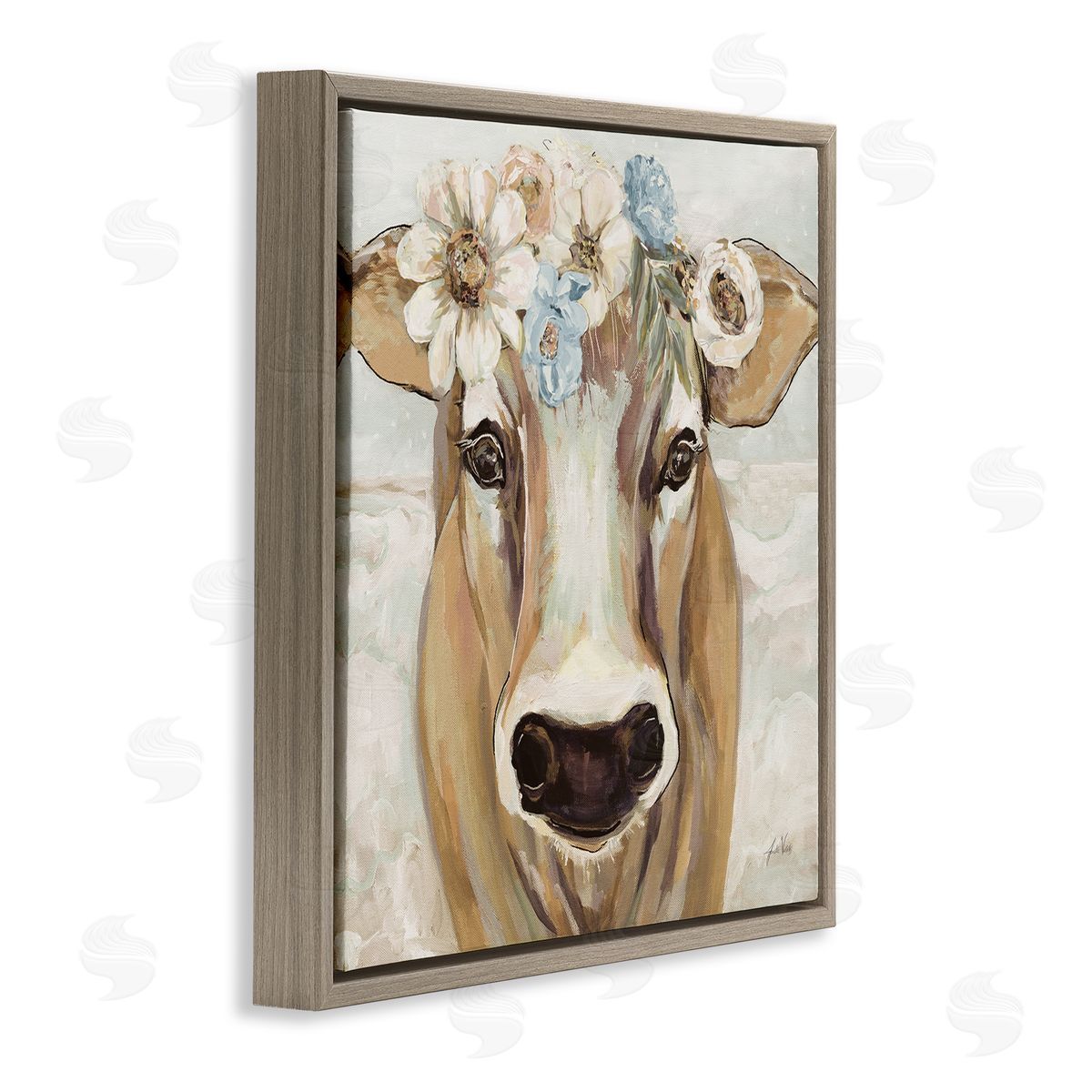 Jeanette Vertentes Big Nose Boho Farm Cow Daisy Flower Crown Brown Floating Frame Canvas Wall Art Print