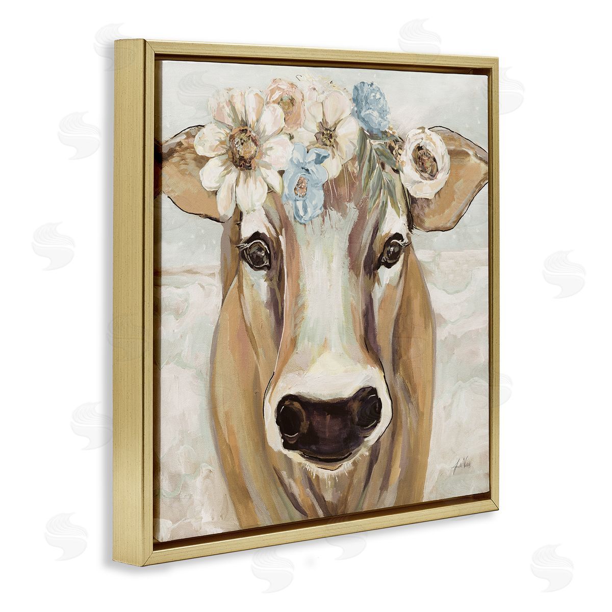 Jeanette Vertentes Big Nose Boho Farm Cow Daisy Flower Crown Gold Floating Frame Canvas Wall Art Print