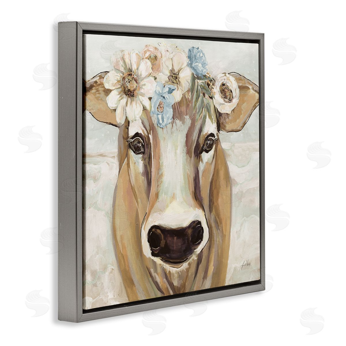 Jeanette Vertentes Big Nose Boho Farm Cow Daisy Flower Crown Gray Floating Frame Canvas Wall Art Print