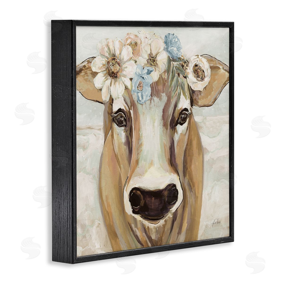 Jeanette Vertentes Big Nose Boho Farm Cow Daisy Flower Crown Black Framed Glicee Wall Art Print