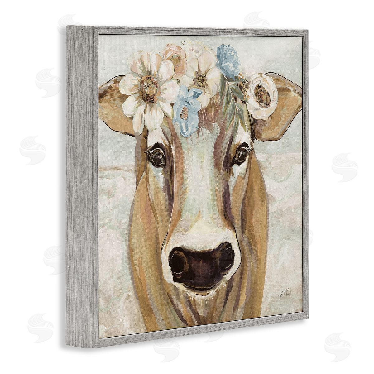 Jeanette Vertentes Big Nose Boho Farm Cow Daisy Flower Crown Gray Framed Glicee Wall Art Print