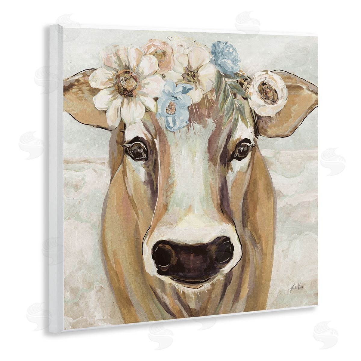 Jeanette Vertentes Big Nose Boho Farm Cow Daisy Flower Crown Wooden Wall Plaque Art Print