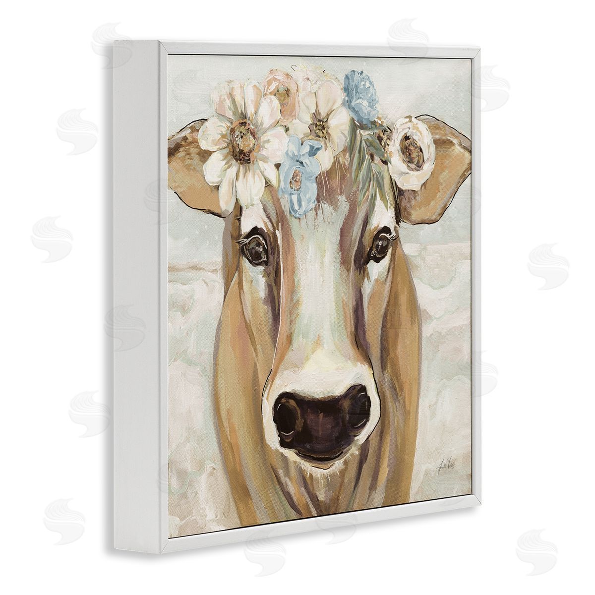 Jeanette Vertentes Big Nose Boho Farm Cow Daisy Flower Crown White Framed Glicee Wall Art Print