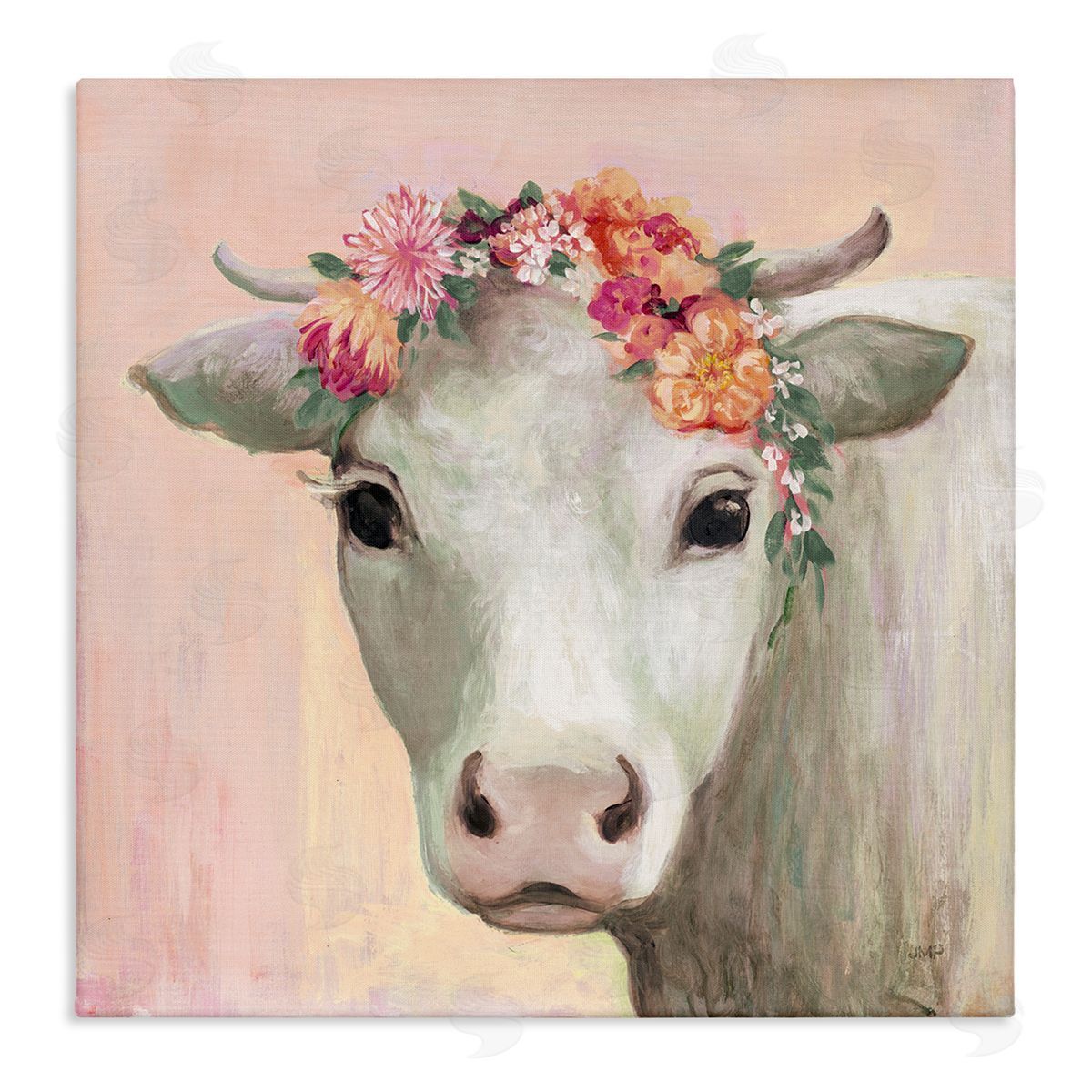 Julia Purinton Baby Horned Cattle Wildflower Floral Crown Soft Pink Stretched Canvas Wall Art Print