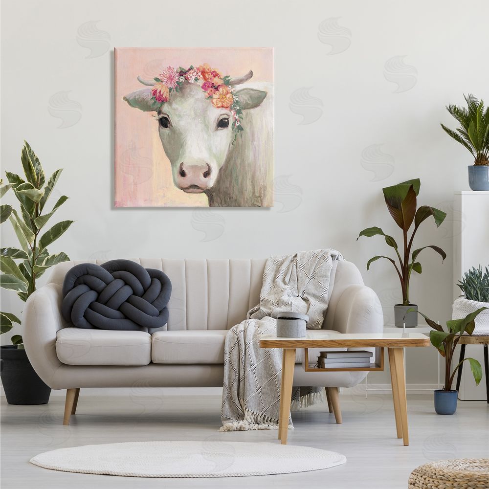 Julia Purinton Baby Horned Cattle Wildflower Floral Crown Soft Pink Canvas Wall Art in Room