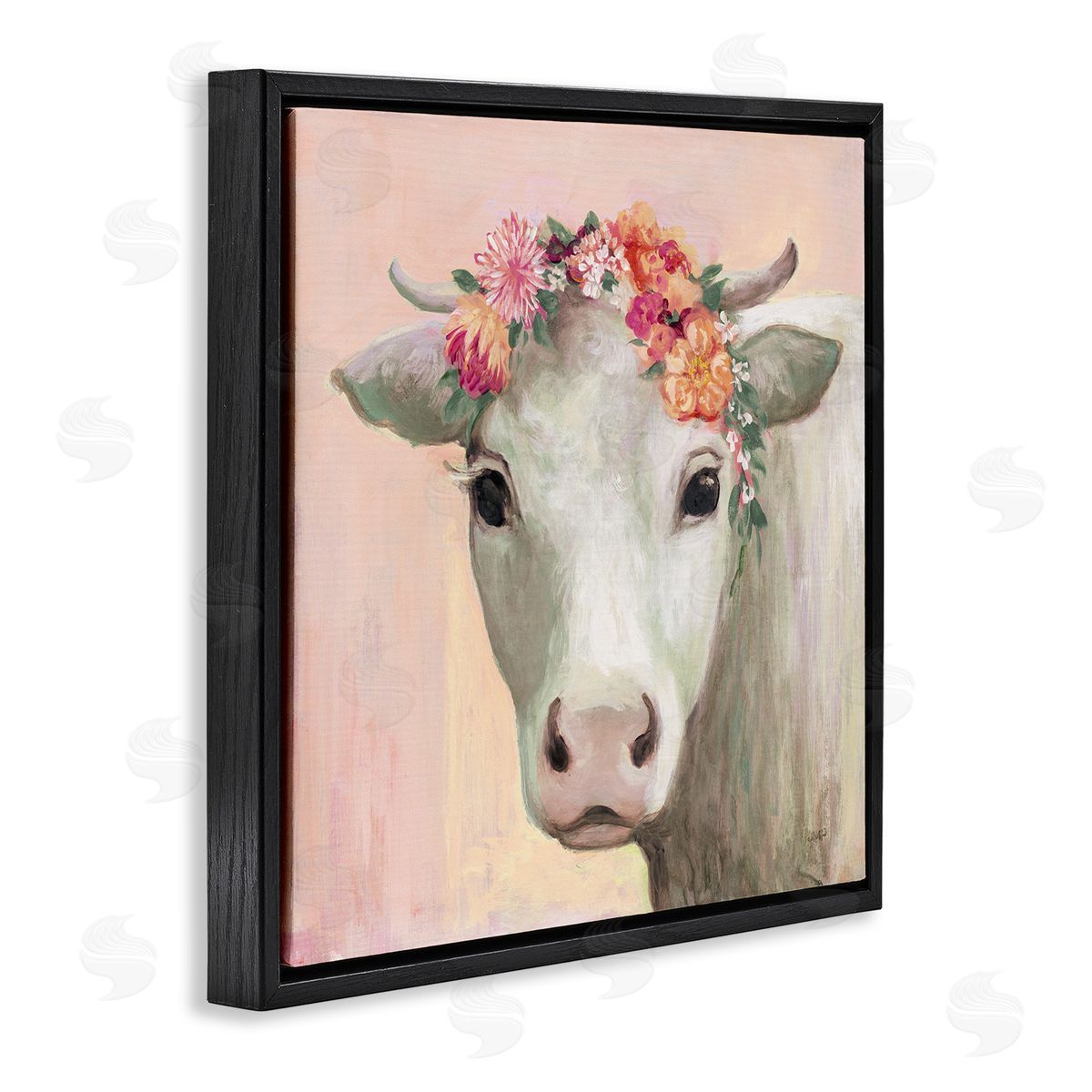 Julia Purinton Baby Horned Cattle Wildflower Floral Crown Soft Pink Black Floating Frame Canvas Wall Art Print