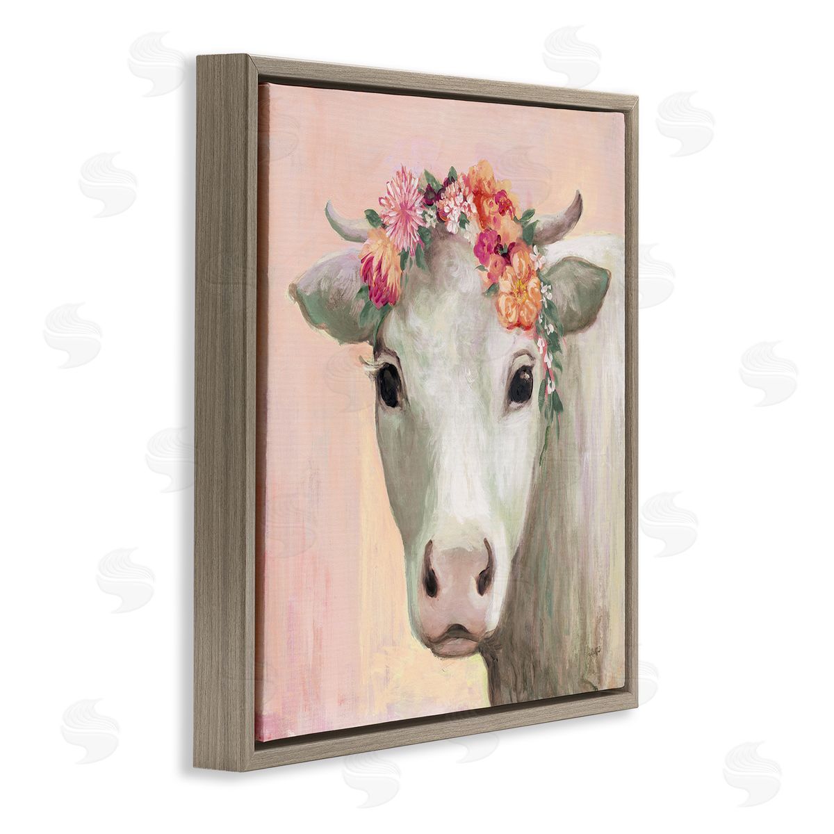 Julia Purinton Baby Horned Cattle Wildflower Floral Crown Soft Pink Brown Floating Frame Canvas Wall Art Print