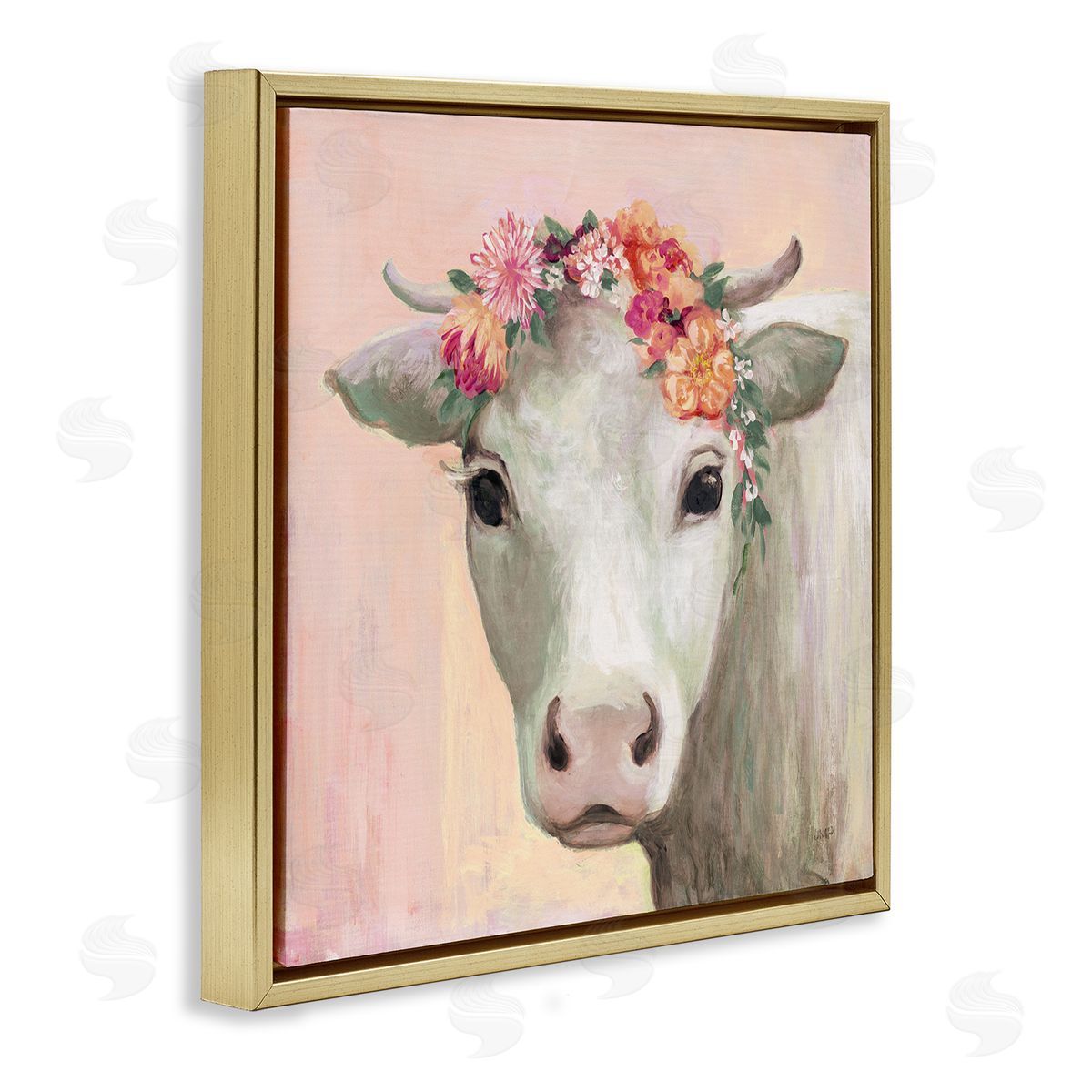 Julia Purinton Baby Horned Cattle Wildflower Floral Crown Soft Pink Gold Floating Frame Canvas Wall Art Print
