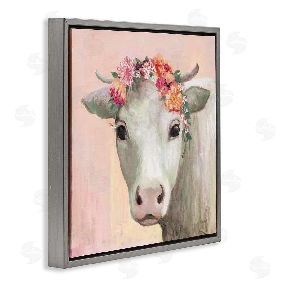 Julia Purinton Baby Horned Cattle Wildflower Floral Crown Soft Pink Gray Floating Frame Canvas Wall Art Print