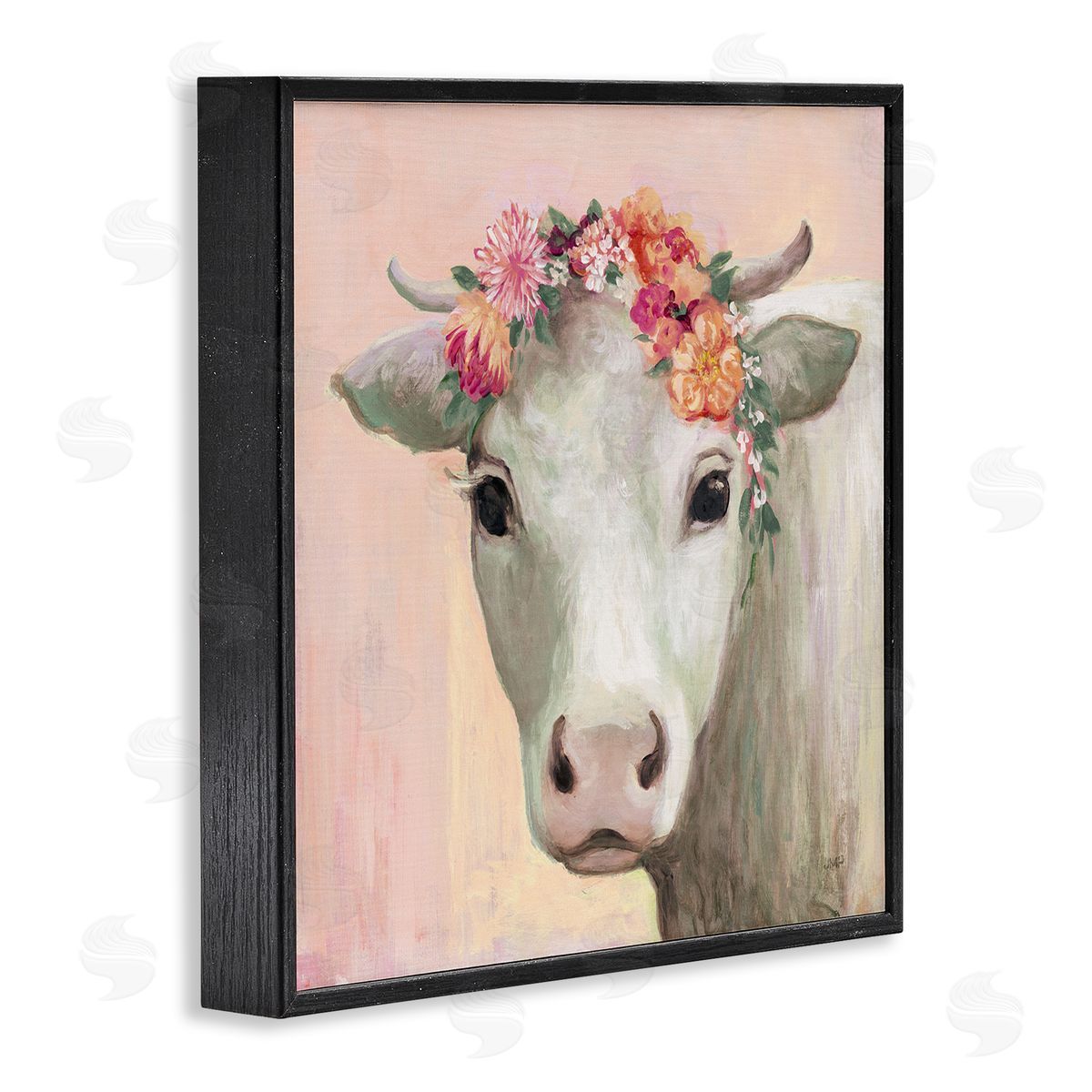Julia Purinton Baby Horned Cattle Wildflower Floral Crown Soft Pink Black Framed Glicee Wall Art Print