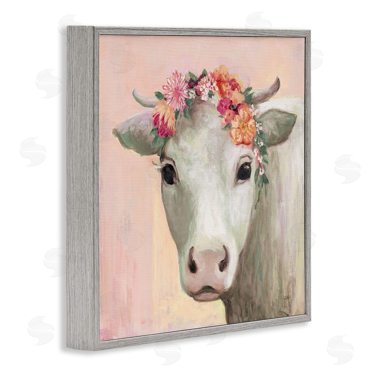 Julia Purinton Baby Horned Cattle Wildflower Floral Crown Soft Pink Gray Framed Glicee Wall Art Print