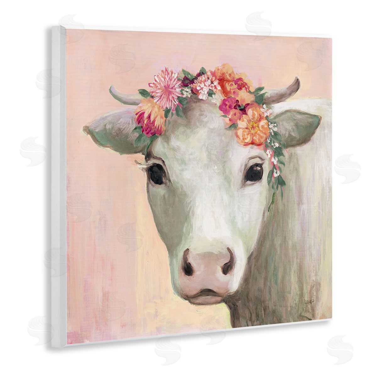 Julia Purinton Baby Horned Cattle Wildflower Floral Crown Soft Pink Wooden Wall Plaque Art Print