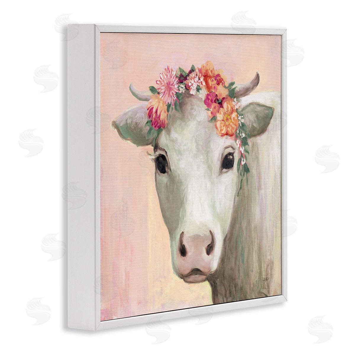 Julia Purinton Baby Horned Cattle Wildflower Floral Crown Soft Pink White Framed Glicee Wall Art Print