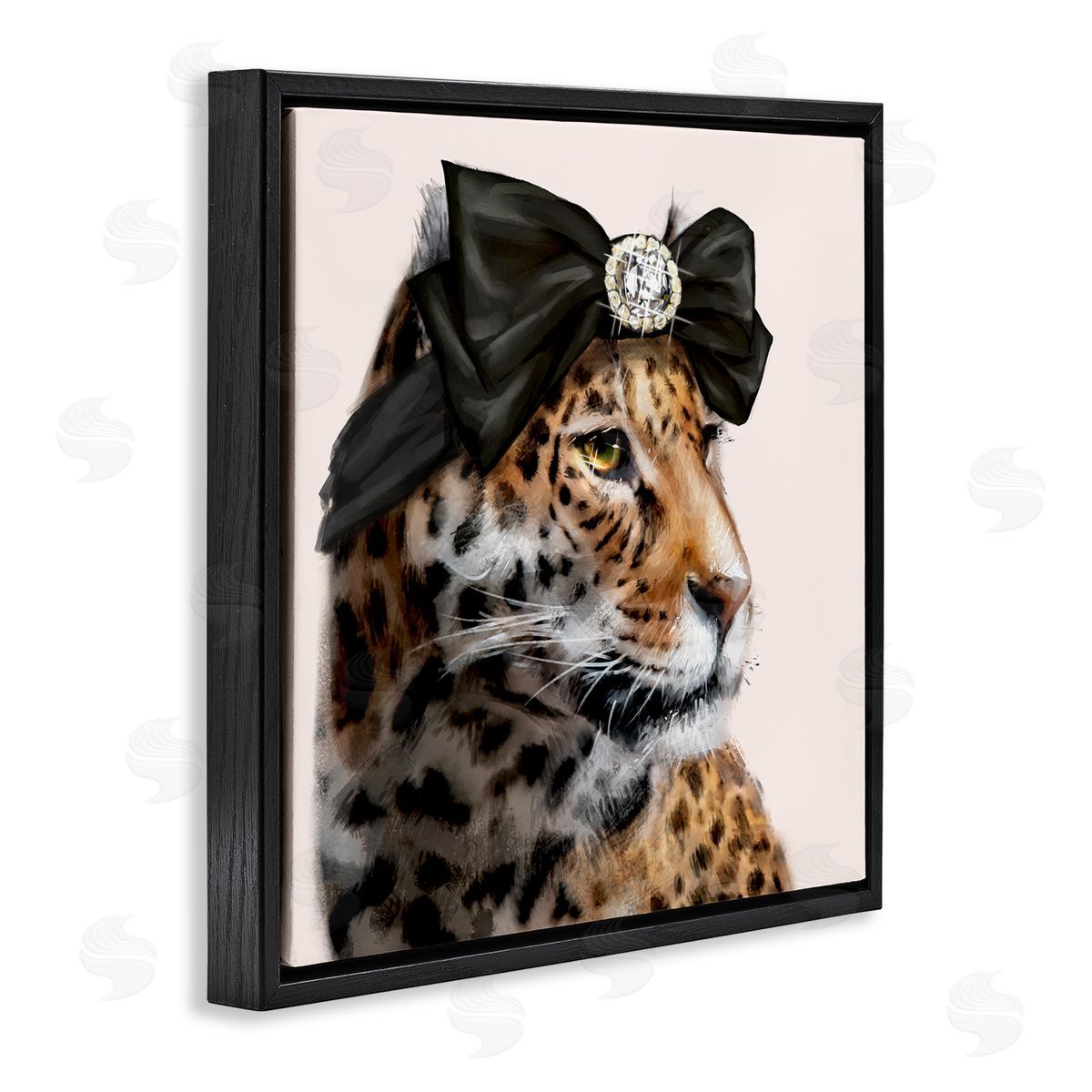 Ziwei Li Glam Leopard Fancy Hair Bow Safari Animal Fashion Black Floating Frame Canvas Wall Art Print