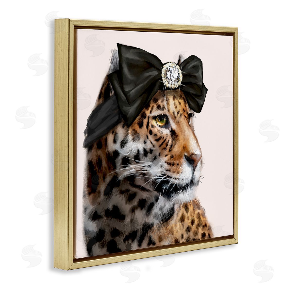 Ziwei Li Glam Leopard Fancy Hair Bow Safari Animal Fashion Gold Floating Frame Canvas Wall Art Print