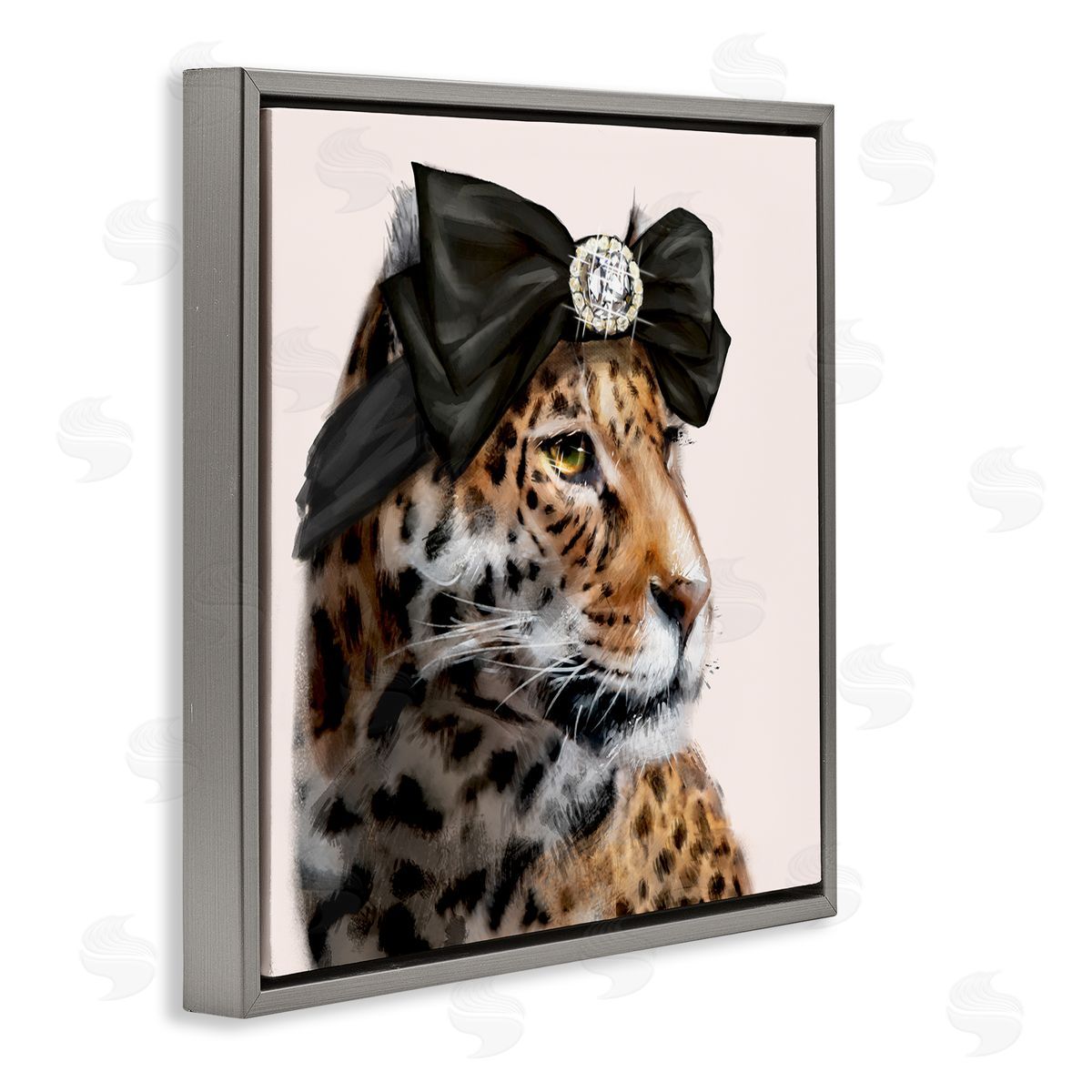 Ziwei Li Glam Leopard Fancy Hair Bow Safari Animal Fashion Gray Floating Frame Canvas Wall Art Print