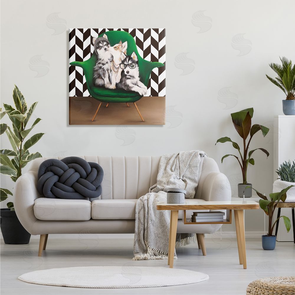 Kamdon Kreations Hipster Dogs Green Mod Chair Modern Room Interior Canvas Wall Art in Room